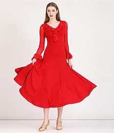 abordables -Robe de danse de salon rouge à volants pour femme - Robe trapèze à manches longues pour compétitions, danses latines et événements de danse