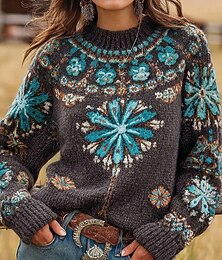 Недорогие -Жен. Вязаная ткань Пуловер Повседневные На каждый день Цветочный принт Графика Рельефный узор Вырез под горло Цветочный Трикотаж С принтом Длинный рукав Обычные топы Вязать