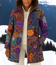 preiswerte -Damen Sherpa-Jacke Teddymantel Kapuzenjacke Bequem Atmungsaktiv Tasche Druck Vintage Bunt Lässig Patchwork Urlaub Straße Lässig Alltagskleidung Reisverschluss Lang Mit Kapuze Normale Passform Langarm