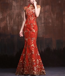 abordables -Vestido de Noche Sirena Vestido Vintage Invitada de Boda Formal Largo hasta el Suelo Manga Corta Cuello Alto Satén con Bordado de Lentejuelas vestido que impresiona