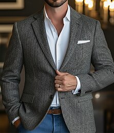 お買い得  -男性用 ツイードブレザー タキシード ノッチカラー ファッション クラシック カジュアル ヘリンボーン Blazer グレーブラウン ブラック グレー テイラーフィット シングルブレスト 2つボタン