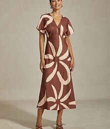 abordables -Robe longue en satin à imprimé floral abstrait pour femme, col en V, manches chauve-souris, ceinture, élégante, décontractée, pour les vacances, printemps, été, automne