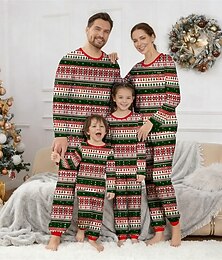 abordables -Mirada familiar Navidad Pijamas navideños familiares Pijamas Conjuntos familiares Graphic Copo Hogar Estampado Verde Oscuro Verde Trébol Manga Larga Diario Trajes a juego