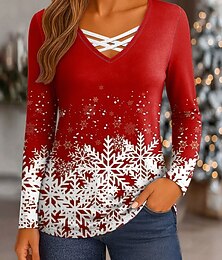 abordables -Noël Femmes T-shirt Graphique Motif de flocon de neige Noël laid ancien Élégant Classique manche longue Col en V Hauts Réguliers Quotidien Imprimé Rouge Bleu Violet Vert Automne Hiver