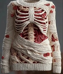 cheap -Women's Sweater Skeleton Fashion Casual Graphic Skeleton Crew Neck Patchwork Knitted Long Sleeve Regular Tops KnitBlack Pink Fall Winter