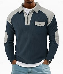 olcso -Férfi Gofris pólóingek Zip Polo Utca Hétköznapi Cipzár Hajtóka Hosszú ujj Divat Alap Színes Kollázs Zseb Ősz Tavasz & Ősz Minden évszak Normál Bor Fekete Tengerészkék Szürke Gofris pólóingek