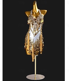 abordables -Robe de danse latine à paillettes dorées et pompons pour femme, avec décorations en pièces de monnaie, robe de performance à franges pour salsa et soirées dansantes