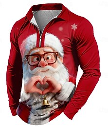 abordables -Noël Homme Père Noël Polo manche longue Polos Revers Occasionnel Athleisure Tenue quotidienne Tenue de fête Impression 3D Polo à fermeture éclair 1/4 Printemps Automne Hiver Rouge Bleu Violet