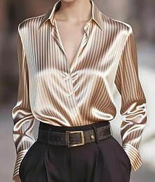preiswerte -Damen Hemd Elegant Satin-Top Bluse Knöpfe Gestreift Elegant Stilvoll Basic Langarm Hemdkragen Normale Oberteile Täglich Ausgehen Schwarz Braun Grün Aprikose Frühling Herbst
