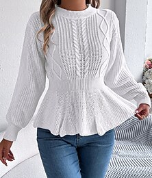 billiga -Dam Tröja Ledigt Mjukt Ren färg Ribbad Rund hals Stickat Långärmad Vanliga toppar Sticka Utomhus Dagligen Helgen Vit Rodnande Rosa Höst Vinter