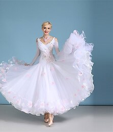 abordables -Robe de danse de salon pour femme, élégante, avec des appliqués floraux et des strass, en organza superposé, pour la valse, le tango, le foxtrot, la compétition – blanche