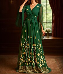 preiswerte -A-Linie Bodenlang Abendkleid Langarm V Ausschnitt Elegant Vintage Party Chiffon Polyester Brautmutterkleid mit Falten Stickerei