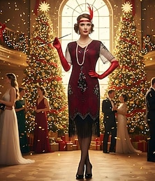 preiswerte -Set Der große Gatsby Flapper-Mädchen Flapper Kleid Weihnachtskleid Cocktailkleid mit Zubehör Damen Goldene Zwanziger 1920er Quastenfransen Pailletten Muster Festkleidung Erwachsene Weihnachten Neujahr