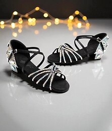 Χαμηλού Κόστους -Γυναικεία μαύρα παπούτσια λάτιν χορού με στρας - επαγγελματικά σανδάλια σάλσα με σχέδιο με λουράκια και χαμηλά τακούνια για σκηνική παράσταση ή διαγωνισμό