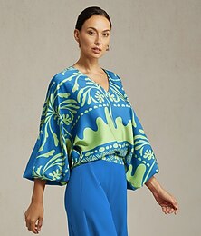 economico -Top da donna in raso blu con stampa floreale e maniche a lanterna, scollo a V, primavera autunno casual