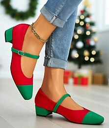 levne -Dámské červenozelené boty Mary Jane na nízkém podpatku, retro vánoční lodičky v barevném kontrastu na vánoční večírky a slavnostní zimní outfity