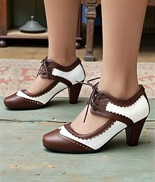 economico -Scarpe col tacco stringate in similpelle viola e bianca da donna, décolleté Mary Jane retrò anni '50 per tea party, cosplay e abbigliamento quotidiano