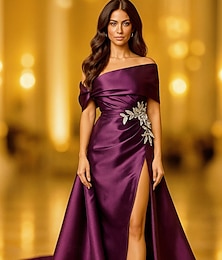 ieftine -Linia -A Rochii de seara Elegant Rochie formală Oficial Nuntă Lungime Podea Manșon scurt De Pe Umăr Pelerine Satin cu Buzunar 2025