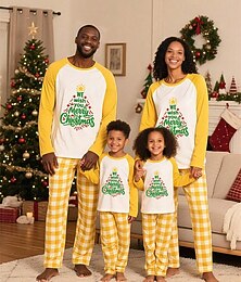 abordables -Mirada familiar Navidad Pijamas navideños familiares Pijamas Conjuntos familiares Graphic Plaid Árbol de Navidad Hogar Estampado Amarillo Manga Larga Diario Trajes a juego