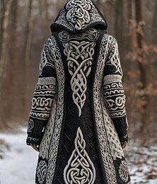 abordables -Femmes Cardigan Quotidien Occasionnel Graphique Géométrique Côtelé À capuche Patchwork Avec Poches Boutons manche longue Hauts Longs Tricoter Extérieur Week-end Noir Automne Hiver