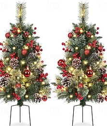 olcso -kültéri ösvényre való, fényekkel díszített karácsonyfák, 76 cm-es, előre megvilágított, elemes, műfenyő, ünnepi dekoráció verandára, urnába és ültetőedénybe, piros bogyós gyümölcsökkel, fenyőtobozok, gömbdíszek