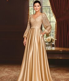 abordables -Corte A Hasta el Suelo Vestido formal Vestido de la Llamarada Vestido de noche Manga Larga Escote en Pico Elegante Vintage Lujoso Italia Satén Poliéster Vestido de Madrina con Plisado Cuentas