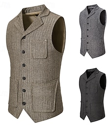 رخيصةأون -رجالي سترة صدار جيليه عطلة مناسب للحفلات عمل موضة كاجوال الربيع الخريف جيب Buttons بوليستر مريح سهل زر واحد صدر واحد Lapel عادي أسود كاكي رمادي غامق سترة