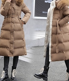 preiswerte -Damen Wintermantel Daunenjacke Kapuzenjacke Warm Bequem Reißverschluss Tasche Lässig Farbblock Outdoor Urlaub Lässig Ferien Lang Mit Kapuze Normale Passform Langarm Oberbekleidung Schwarz Weiß Khaki