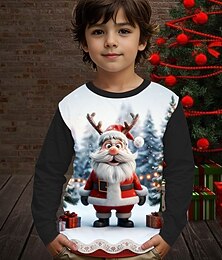 abordables -Navidad Chico 3D Papá Noel Camiseta Manga Larga Primavera Otoño Moda Básico Niños 4-12 años Cuello Barco Exterior Casual Diario Ajuste regular