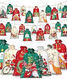 abordables -Set de 24 bolsitas de calendario de adviento navideño numeradas del 1 al 24 - rojo clásico &Bolsas doradas colgantes con cordón, diseño de dibujos animados, para colgar o colocar sobre una superficie