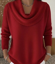 levne -Dámské Svetr Elegantní Na běžné nošení Měkké Čistá barva Rýhovaný Spadlý nabíraný výstřih Pletený Dlouhý rukáv Běžné topy Plést Venkovní Denní Víkend Černá Rubínově červená Podzim Zima