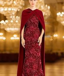abordables -Ligne A Longueur au sol Robe de bal avec cape Robe de Soirée Tenue de soirée Élégant ancien Robe Noire Sans manches Col haut Formel Mariage Capes Dentelle Crêpe Extensible avec Broderie Châle