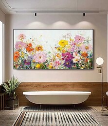 abordables -Peinture à l'huile faite main représentant un champ de magnifiques fleurs sauvages printanières. Peinture à l'huile panoramique florale colorée au design moderne, décoration intérieure sur toile, art