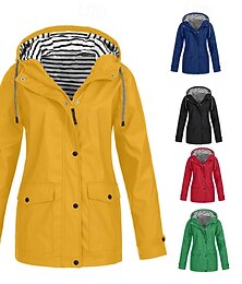 preiswerte -Damen Kapuzenjacke Wasserdicht Bequem Tasche Knöpfe Lässig Einfach Urlaub Straße Lässig Alltagskleidung Einreihig Regulär Mit Kapuze Normale Passform Langarm Oberbekleidung Gelb Rote Marineblau