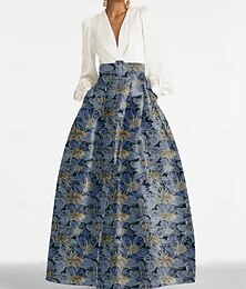 abordables -Robe A-Line Floral en Brocart Jacquard Robe de Soirée Robe Formelle Invité de Mariage Longueur de Sol Manches Longues Col V Ceinture Nylon avec Poche Fente