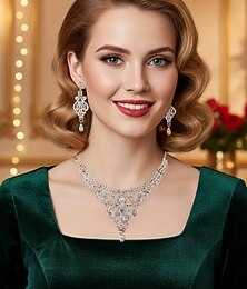 halpa -Naisten kristallinen strassikorusetti tanssiaisiin - elegantti hopeinen kaulakoru ja korvakorut, vintage-glamourtyyliä iltaan, vanhoille &muodolliset tilaisuudet