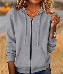 baratos -Mulheres Moletom com zíper Tecido Ativo Esportes Casual Manga Longa Com Capuz Tops regulares Rua Dia a Dia Casual Zíper Bolsos Preto Amarelo Rosa Vinho Cinzento Escuro Outono Inverno