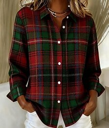 זול -בגדי ריקוד נשים חולצה גראפי גיאומטרי משובץ וינטאג' יומי מסוגנן שרוול ארוך צווארון חולצה חולצות רגילות יומי טלאים כפתורים דפוס פול צהוב ורוד מסמיק יין אודם אביב סתיו חורף