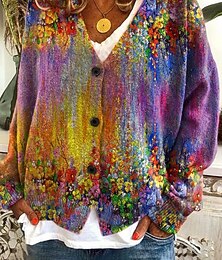 preiswerte -Damen Mantel Freizeitjacke Warm Bequem Druck Mode Modern Lässig Blumen Ausgehen Wochenende Einreihig Regulär V Ausschnitt Normale Passform Langarm Oberbekleidung Weiß Blau Purpur Herbst Winter