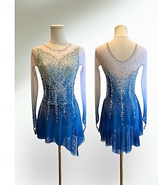 abordables -Vestido de patinaje artístico Mujer Chica Patinaje Sobre Hielo Vestidos Azul Retazos Dedo Pulgar Licra Malla Alta elasticidad Entrenamiento Competición Ropa de Patinaje Clásico Cristal / Strass Manga