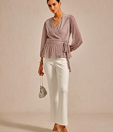 preiswerte -Damen Bluse Vorderknoten Metallisch Elegant Langarm V Ausschnitt Normale Oberteile Hochzeitsgast Outfits für die Verabredung am Abend Abendkleidung Rosa Sommer Frühling Herbst Winter