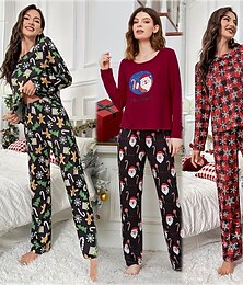 halpa -Naisten Yöpukusarja Vapaa-aika Mukavuus Kuvitettu Joulupukki Lumihiutale Joustava vyötärö T-paita Housut Joulu Loma Koti Pitkähihainen Tiukka pyöreä kaula-aukko Punastuvan vaaleanpunainen Viini