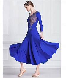 preiswerte -Damen-Ballsaal-Tanzkleid mit Strasssteinen, V-Ausschnitt, langen Ärmeln, Walzer, Tango, Wettkampf-Performance-Kleid, eleganter, fließender Rock – Königsblau