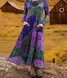 economico -Per donna Abito Midi Tubino Abito a trapezio Abito aderente e svasato Vacanza Festa Casual Ufficio Quotidiano Data Vestibilità regolare Floreale Grafico Manica Lunga Scollo a Cascata Viola Marrone