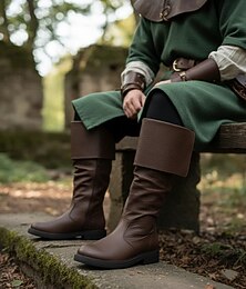 abordables -Botas estilo pirata medieval de piel sintética marrón para hombre: botas hasta la rodilla plegables para cosplay, ferias renacentistas y eventos temáticos
