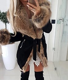 preiswerte -Damen Wintermantel Mantel Kunstpelzmantel Warm Bequem Patchwork Lässig Einfach Outdoor Urlaub Ausgehen Wochenende Lang Umlegekragen Schlank Langarm Oberbekleidung Schwarz Wein Herbst Winter