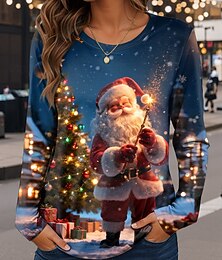 abordables -Noël Femmes T-shirt Graphique Père Noël ancien Mode Élégant manche longue Col ras du cou Hauts Réguliers Quotidien Week-end Imprimé Rouge Bleu Bleu Poudré Automne Hiver
