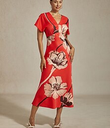 voordelige -dames maxi-jurk satijn grote bloemenprint v-hals gerimpelde taille zeemeermin zoom elegante bestemming bruiloft gast vakantie lente zomer herfst