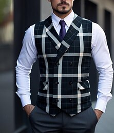 economico -Per uomo Gilet Abbigliamento da cocktail Formale Matrimonio Vacanza Affari Moda Classico Primavera Autunno Tasca Bottoni Poliestere Confortevole Plaid Monopetto Scollo a V Vestibilità regolare Nero