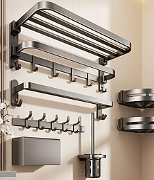 levne -věšák na ručníky v pistolové šedé barvě, neperforovaný věšák na ručníky, integrovaný závěsný věšák, koupelna se sprchovým koutem, toaletní kartáč, sada úložných stojanů do koupelny